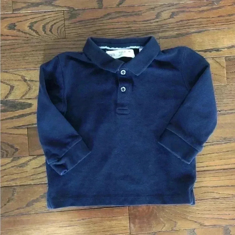 ZARA Infant Boys (12-18M) Navy Blue 1/4 Button Collared Long-Sleeve Polo Shirt